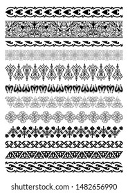 Kazakh national Islamic seamless ornaments. Set of 12 ornate muslim borders, dividers and frames for covers, certificates or diplomas. Simple elegant line patterns in arabesque, nomadic ethnic style. 