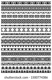 Kazakh national Islamic seamless ornaments. Set of ornate muslim borders, dividers and frames for covers, certificates or diplomas. Simple elegant line patterns in arabesque, nomadic ethnic style. 