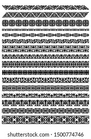 Kazakh national Islamic seamless ornaments. Set of ornate muslim borders, dividers and frames for covers, certificates or diplomas. Simple elegant line patterns in arabesque, nomadic ethnic style. 