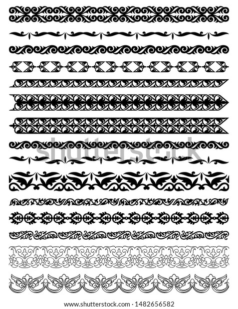 Kazakh national Islamic seamless ornaments. Simple\
elegant line patterns in arabesque, nomadic ethnic style. Set of\
ornate muslim borders, dividers and frames for covers, certificates\
or diplomas.  