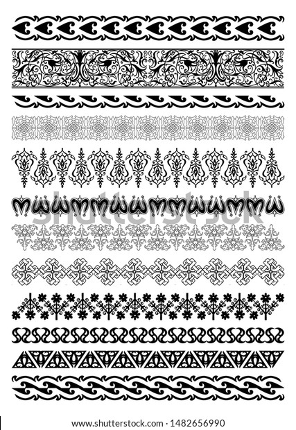 Kazakh national Islamic seamless ornaments. Set of 12\
ornate muslim borders, dividers and frames for covers, certificates\
or diplomas. Simple elegant line patterns in arabesque, nomadic\
ethnic style. 