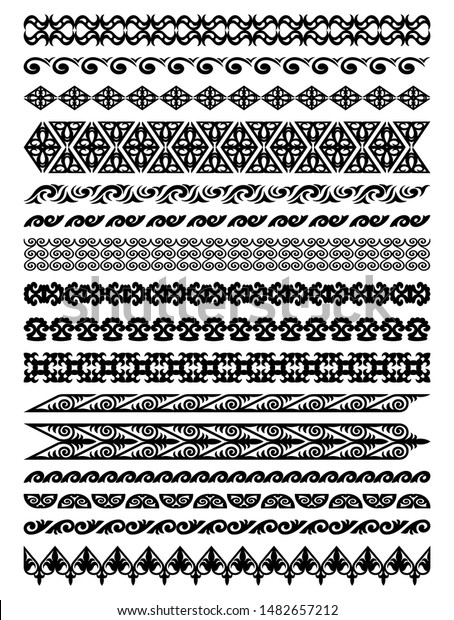 Kazakh national Islamic seamless ornaments. Set of\
ornate muslim borders, dividers and frames for covers, certificates\
or diplomas. Simple elegant line patterns in arabesque, nomadic\
ethnic style. 