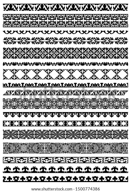 Kazakh national Islamic seamless ornaments. Set of
ornate muslim borders, dividers and frames for covers, certificates
or diplomas. Simple elegant line patterns in arabesque, nomadic
ethnic style. 