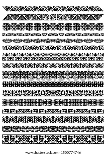 Kazakh national Islamic seamless ornaments. Set of\
ornate muslim borders, dividers and frames for covers, certificates\
or diplomas. Simple elegant line patterns in arabesque, nomadic\
ethnic style. 