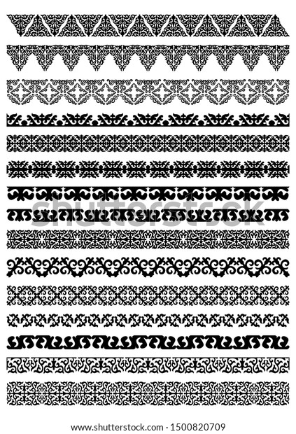 Kazakh national Islamic seamless ornaments. Set of
ornate muslim borders, dividers and frames for covers, certificates
or diplomas. Simple elegant line patterns in arabesque, nomadic
ethnic style. 