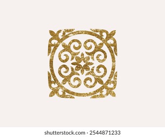 Kazakh national ornament with gold texture. Vector modern element isolated on white background. Central Asia floral abstract element of the national pattern.