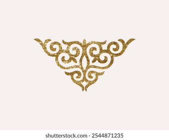 Kazakh national ornament with gold texture. Vector modern element isolated on white background. Central Asia floral abstract element of the national pattern.