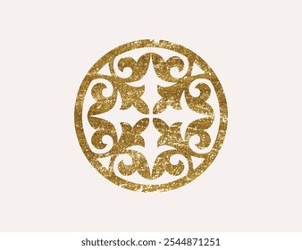 Kazakh national ornament with gold texture. Vector modern element isolated on white background. Central Asia floral abstract element of the national pattern.