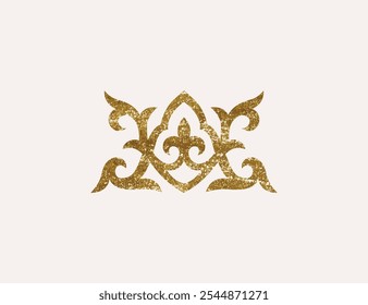 Kazakh national ornament with gold texture. Vector modern element isolated on white background. Central Asia floral abstract element of the national pattern.
