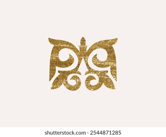 Kazakh national ornament with gold texture. Vector modern element isolated on white background. Central Asia floral abstract element of the national pattern.