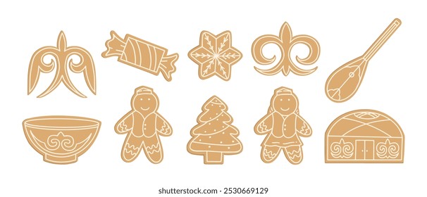 Kazakh national ornaments, elements set in the form of Happy New Year gingerbread cookies. Vector isolated hand drawn clip art on white background. Kazakh Yurt, Dombra, bowl, candy. Kazakhstan