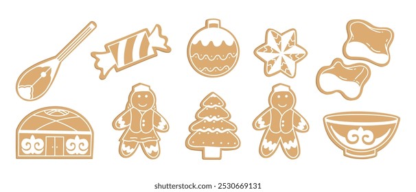 Kazakh national ornaments and elements set in the form of Happy New Year gingerbread cookies. Kazakh Yurt, Dombra, bowl, candy, taqiya. Vector isolated hand drawn illustration on white background