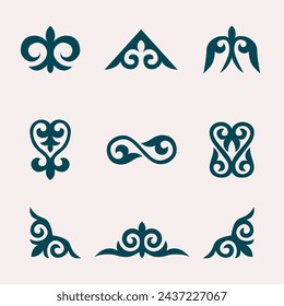 Kazakh national ornaments set. Vector ethnic isolated element on pale background. Asian floral abstract elements of the national pattern