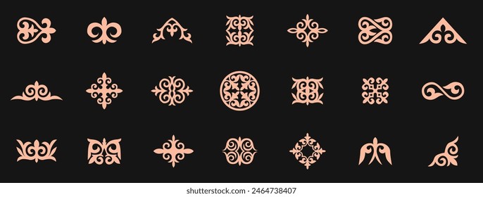 Kazakh national ornaments set. Vector modern isolated element on dark background. Asian floral abstract element of the national pattern.