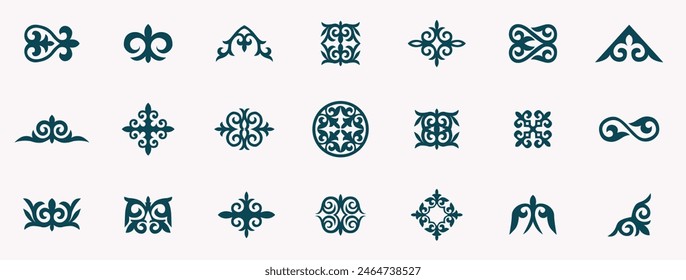 Kazakh national ornaments set. Vector modern isolated element on white background. Asian floral abstract element of the national pattern.