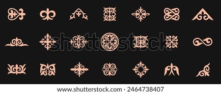 Kazakh national ornaments set. Vector modern isolated element on dark background. Asian floral abstract element of the national pattern.