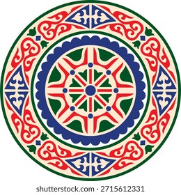 Kazakh national round colored frame ornament. Ethnic pattern. The circle ring reflects nomadic culture. Suitable for design and textiles.
