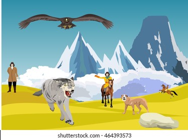 Kazakh nomad hunting with eagle for wolves, vector illustration