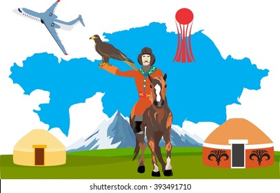 Kazakh nomad on horse with hunter bird eagle, kazakhstan map on background