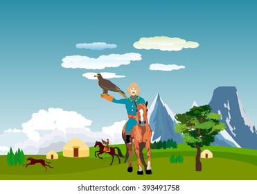 Kazakh nomad on horse with hunter bird eagle.