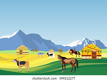 Kazakh nomad's village aul, jurts, horses, cows, vector landscape
