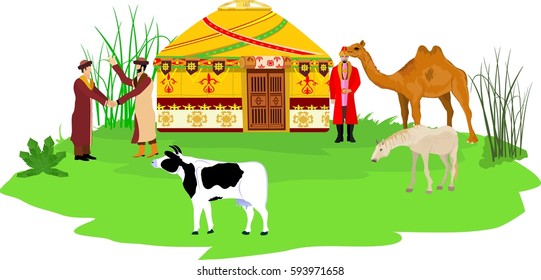 A kazakh nomad's village aul. Men, animals, vector illustration