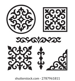 Kazakh ornamental patterns collection – circular, square, horizontal, vertical and corner elements