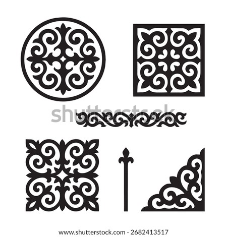 Kazakh ornamental patterns collection – circular, square, horizontal, vertical and corner elements