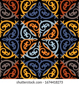 Kazakh ornaments. Seamless traditional carpet patterns of Kazakhs. Background, texture, design life of nomads. Ancient Turkic ornaments. Customs and traditions of Kazakhstan. Decorative art of nomads