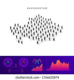 Kazakh people map. Detailed vector silhouette. Mixed crowd of men and women icons. Population infographic elements. Vector illustration isolated on white.