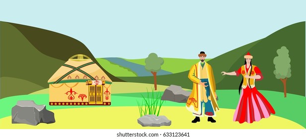 Kazakh people in national dress, vector flat landscape in bacground