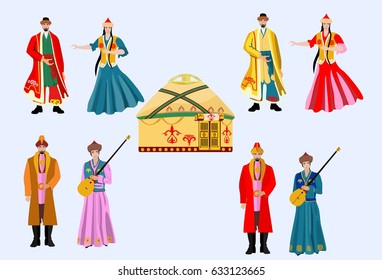 Kazakh people in national dress, vector set