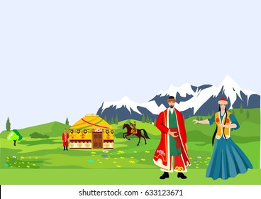 Kazakh people in national dress,mountain alpen in bacground