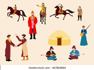 Kazakh people in natrional ethnic dress, vector icons set