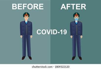 Kazakh police officers in uniform and mask, pandemia coronavirus situation in Kazakhstan before and after