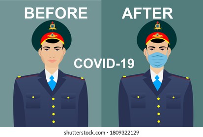 Kazakh police officers in uniform and mask, pandemia coronavirus situation in Kazakhstan