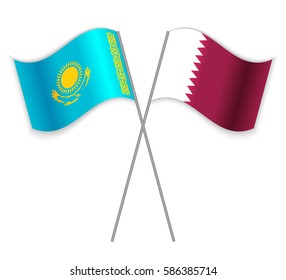 Kazakh and Qatari crossed flags. Kazakhstan combined with Qatar isolated on white. Language learning, international business or travel concept.