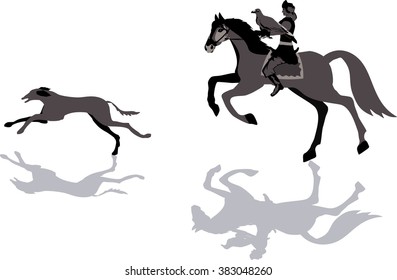 Kazakh rider hunting with eagle and greyhound.  Isolated on white Vector illustration.