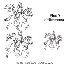 Kazakh rides a horse, a falcon flies nearby. Find 7 differences. Tasks for children. Vector illustration