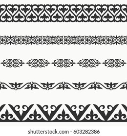 Kazakh seamless borders. Border decoration elements patterns. Most kazakh ethnic border in one pack set collections. Classical pattern design. Vector illustrations.Could be used as divider, frame, etc