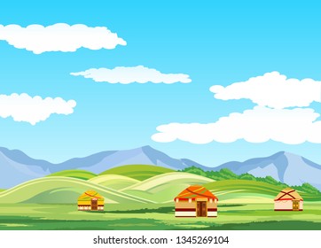 Kazakh steppe, green hiils and mountins, jurts dwellings on the ground, vector