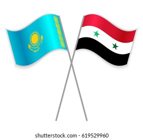 Kazakh and Syrian crossed flags. Kazakhstan combined with Syria isolated on white. Language learning, international business or travel concept.