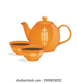 Kazakh tea ceremony set. Ceramic teapot and cup bowls of black tea. Isolated. Vector illustration