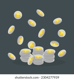 Kazakh Tenge falling down vector illustration. Pile of money with flying coins on gray background. Financial analytics, financial management, deposit, accumulation and inheritance concept