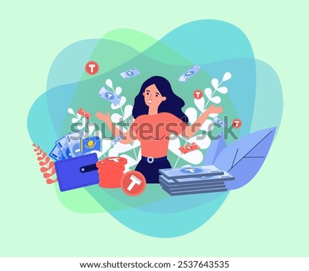 Kazakh tenge falling oh happy woman vector illustration. Cartoon drawing of stacks of coins and packs of banknotes, money or cash falling on girl, Kazakhstan flag in wallet. Finances, wealth concept