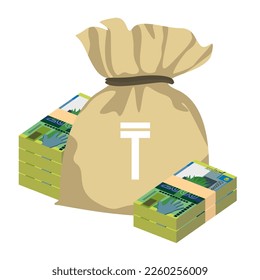 Kazakh Tenge Vector Illustration. Kazakhstan money set bundle banknotes. Money bag 2000 KZT. Flat style. Isolated on white background. Simple minimal design.