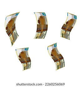 Kazakh Tenge Vector Illustration. Kazakhstan money set bundle banknotes. Money bag 1000 KZT. Flat style. Isolated on white background. Simple minimal design.