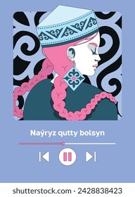 Kazakh text "Happy Nauryz day!" Spring equinox holiday in Kazakhstan. Portrait of kazakh girl in traditional accessories - takiya and national jewellery. Flat vector illustration with musical player