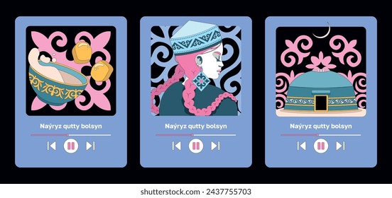 Kazakh text "Happy Nauryz day!" Spring equinox holiday in Kazakhstan. Flat vector greeting card set. Illustration with musical player interface and national ornaments. Kazakh vibe elements.