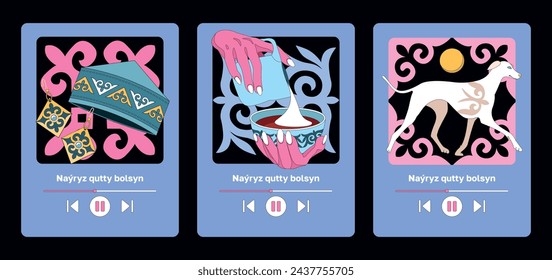 Kazakh text "Happy Nauryz day!" Spring equinox holiday in Kazakhstan. Flat vector greeting card set. Illustration with musical player interface and national ornaments. Kazakh vibe elements.